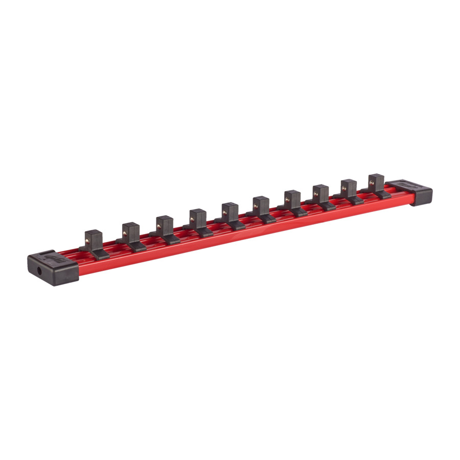 350mm long rail including 10 clips for 3/8" sockets. Rail end caps removable to add or remove clips.