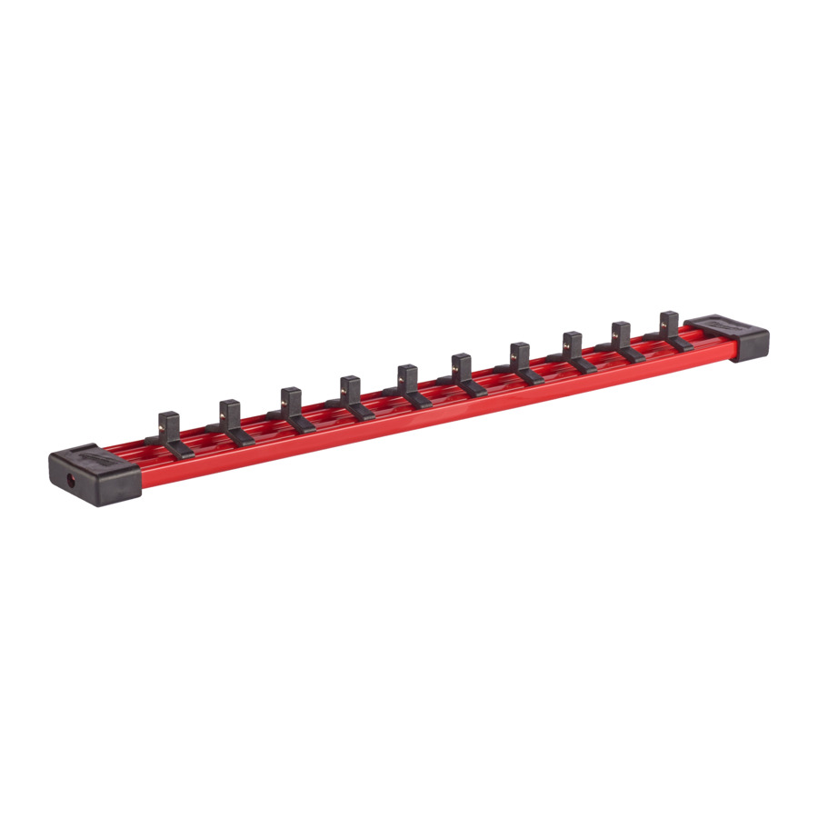 350mm long rail including 10 clips for 1/4" sockets. Rail end caps removable to add or remove clips.