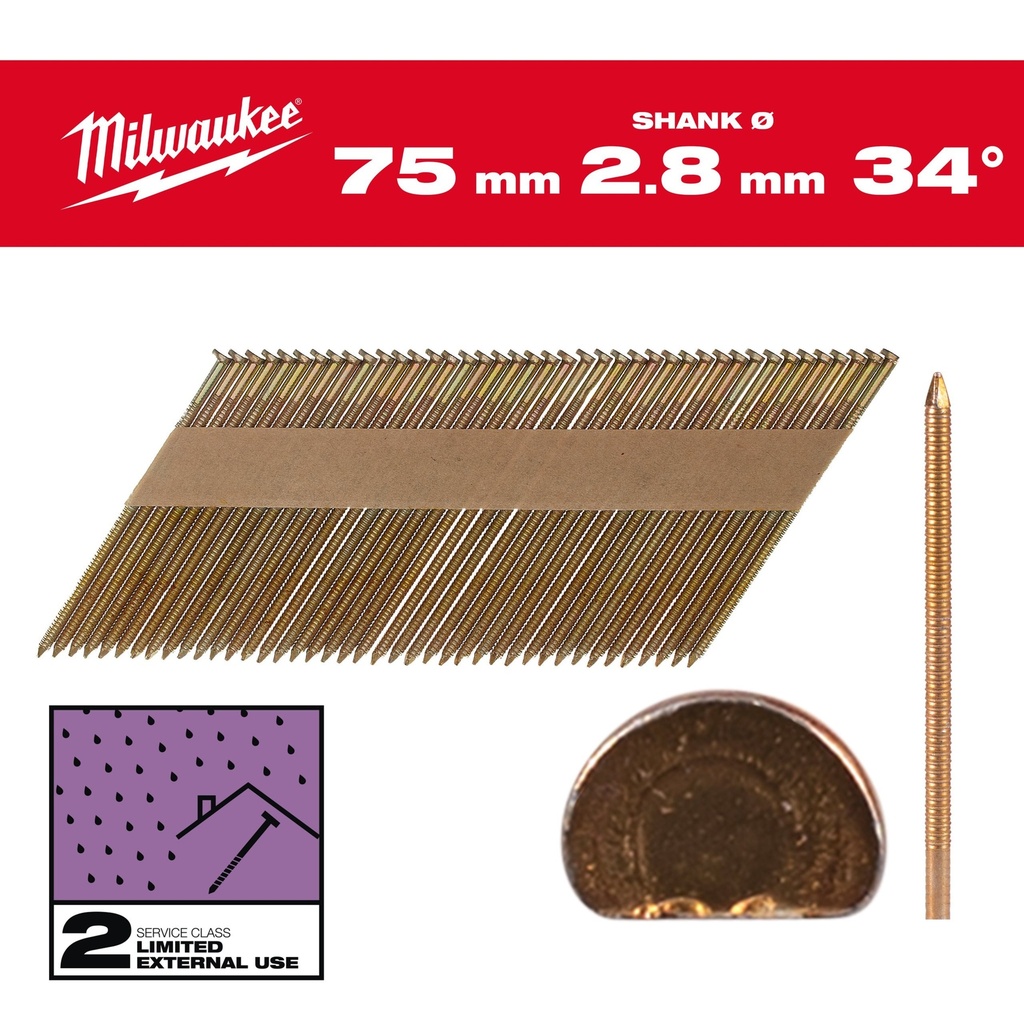 Clous de charpente 34°, tête en D 75x2,8mm/RS/G/SC2 (2200 piéces)