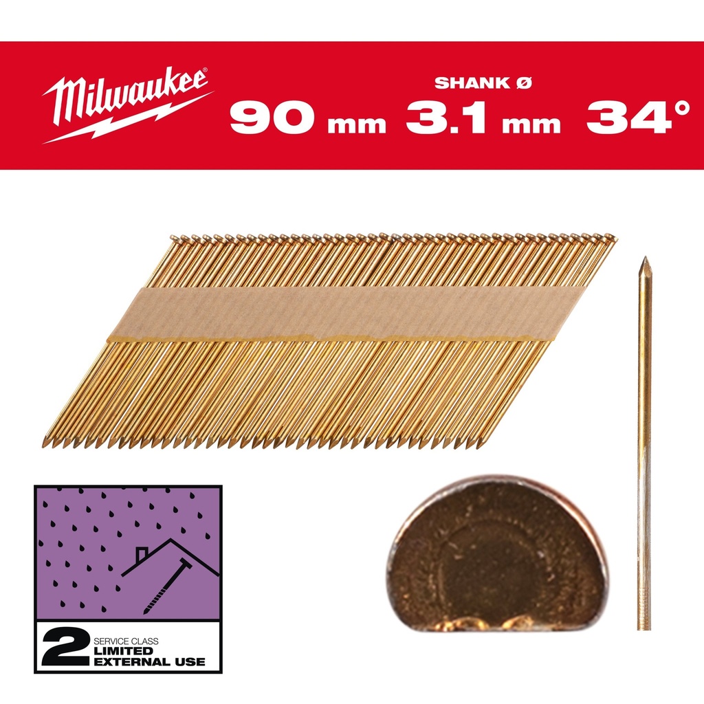Clous de charpente 34°, tête en D 90mm/SS/G/SC2 (2200 piéces)