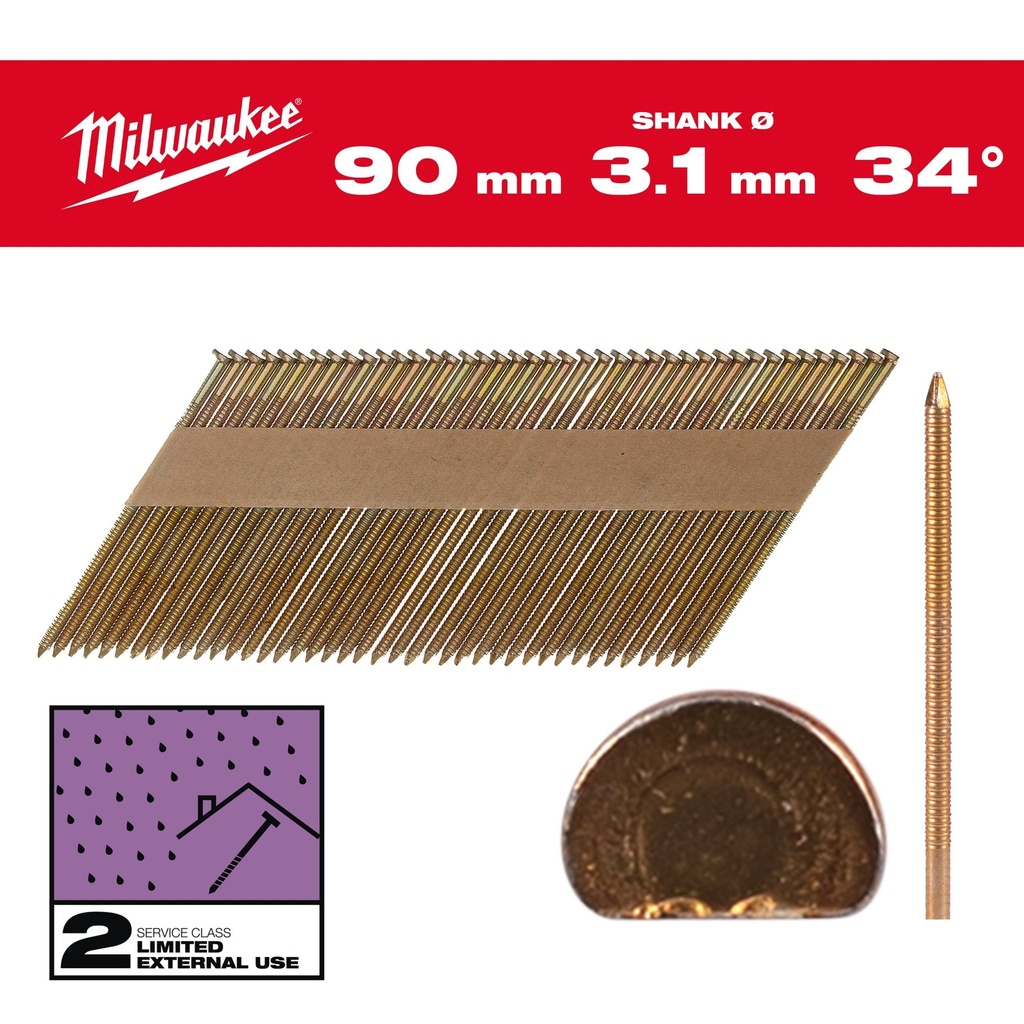 Clous de charpente 34°, tête en D 90mm/RS/G/SC2 (2200 piéces)