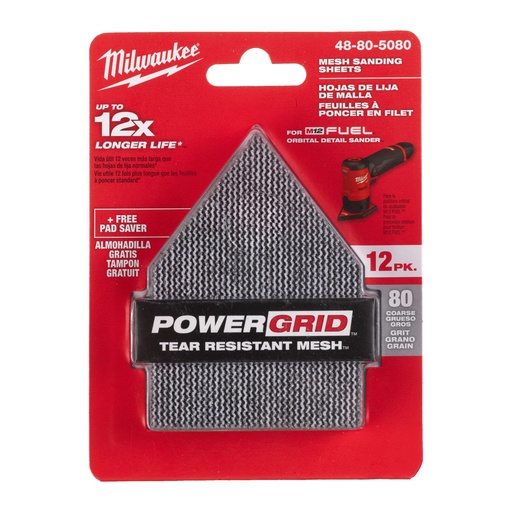[48805120] Mesh sheet for M12 Fuel Spot Sander - unique pentagon shape, will only fit our M12 FDSS.
12 x G120 sheet + 1 x pad saver for extended life