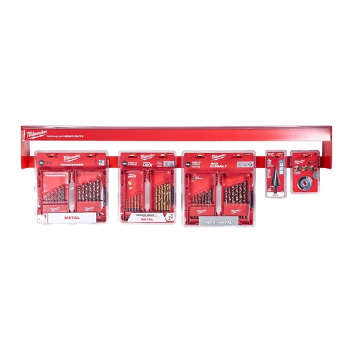 [4932480777] 2 x 4932352374 - HSS-G THunderweb Drill Bit Set 19 pcs
2 x 48894759 - Red Hex HSS-G Tin. Shockwave Drill Bit Set 10 pcs
2 x 4932352470 - Red Cobalt HSS-G Drill Bit Set 19 pcs
2 x 48899335 - Step Drill Bit 6 to 35 mm by 2 and 3 mm Steps 
5 x 4932352473 - Fixtec Nut
1 x 4939434656 - Bar
8 x 4939434650 - Euro Hook 
1 x 4939435681 - Re-Order Tag
