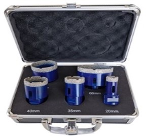 [CZ SET L] Set composé de trépans diamantées M14 à sec  pour carrelage, grès cérame fin, hauteur 35mm, composé du Ø 20mm, 35mm, 40mm, 50mm, 68mm.